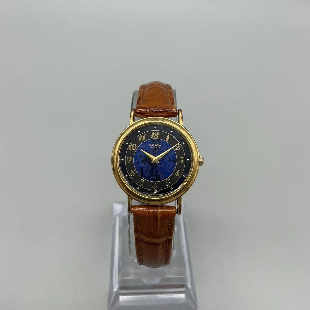 Vintage Seiko Womens Watch 26mm Blue Floral Dial Leather 1N00-0059 New Battery